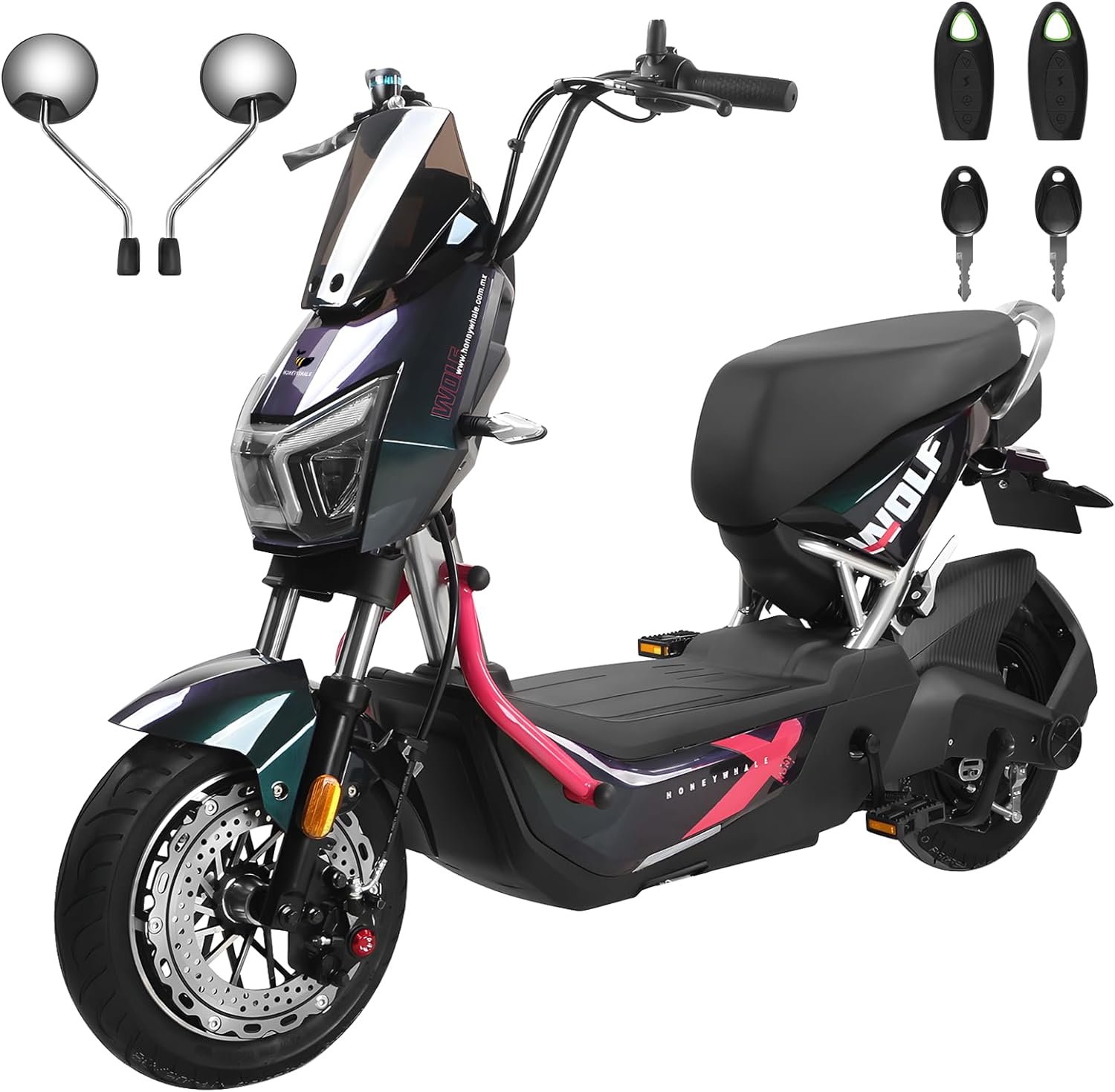 Wolf Bicicleta Electrica para Adultos, Bicimoto Eléctrica con Alarma, Máxima del Motor 1200W, Velocidad Máxima 55KM/H, Autonomía 50-55KM, Batería (72V, 20AH), Emite 7 Colores de luz