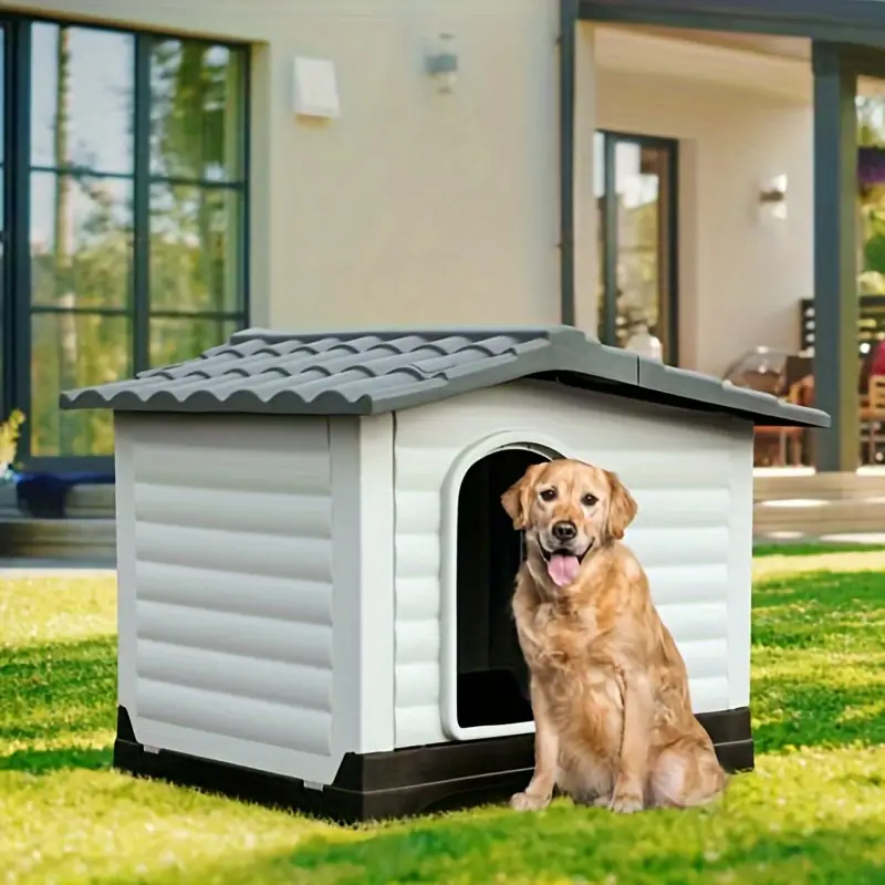 PinoPico 43. 7'' Casa para perros de 2 puertas con base elevada y cojín, casa para mascotas de plástico para perros pequeños, medianos y grandes, fácil montaje, resistente al agua para uso en interiores/exteriores (43. 7''L x 33''W x 31. 6''H)
