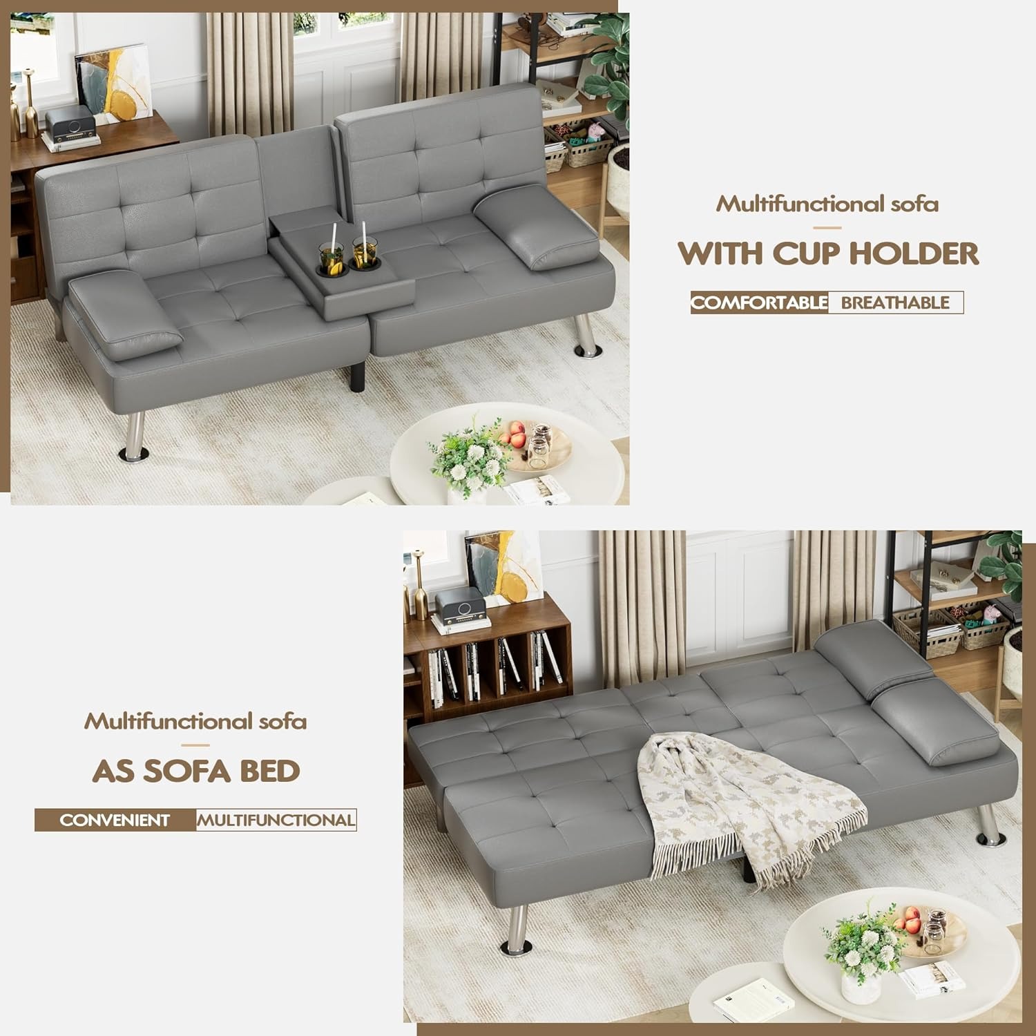 Homall - Sofá Cama de futón de Piel con reposabrazos extraíbles, sofá Cama reclinable Ajustable con Soportes de Doble Taza para Sala de Estar, Departamento, Oficina (Negro)