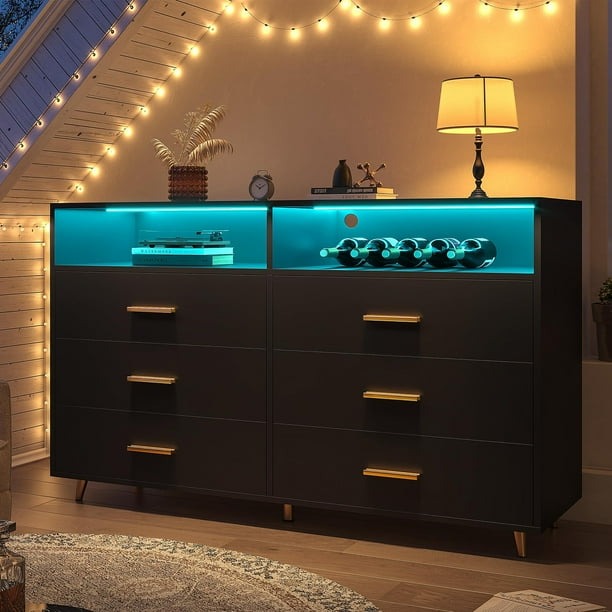 Zocalo Cómoda de 6 Cajones con Luz LED, Diseño Moderno para Dormitorio