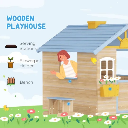 Outsunny Casa de Juegos de Madera para Niños Jardín Exterior con Puerta de Trabajo, Ventanas, Banco, Estación de Servicio, Macetero, Azul