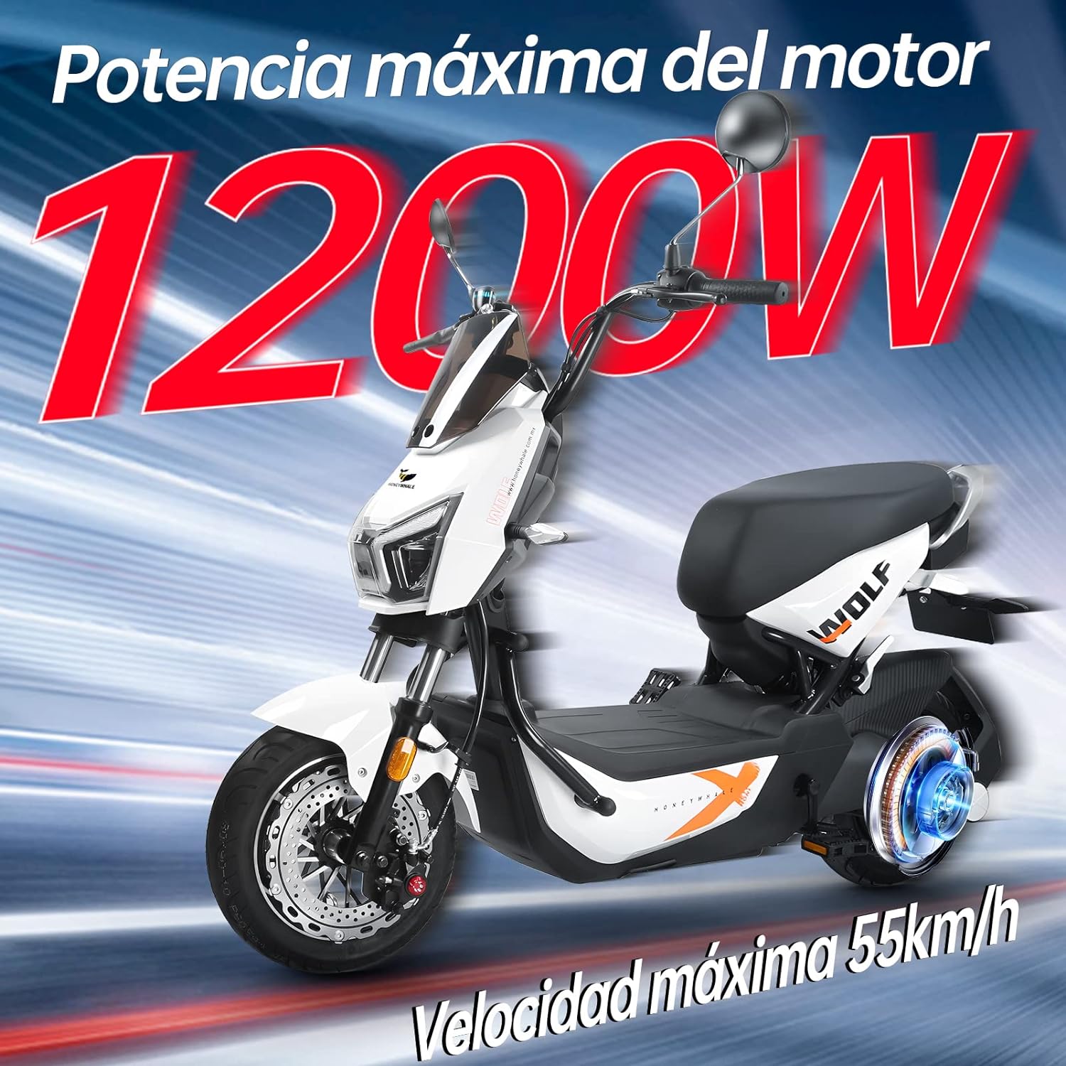 Wolf Bicicleta Electrica para Adultos, Bicimoto Eléctrica con Alarma, Máxima del Motor 1200W, Velocidad Máxima 55KM/H, Autonomía 50-55KM, Batería (72V, 20AH), Emite 7 Colores de luz