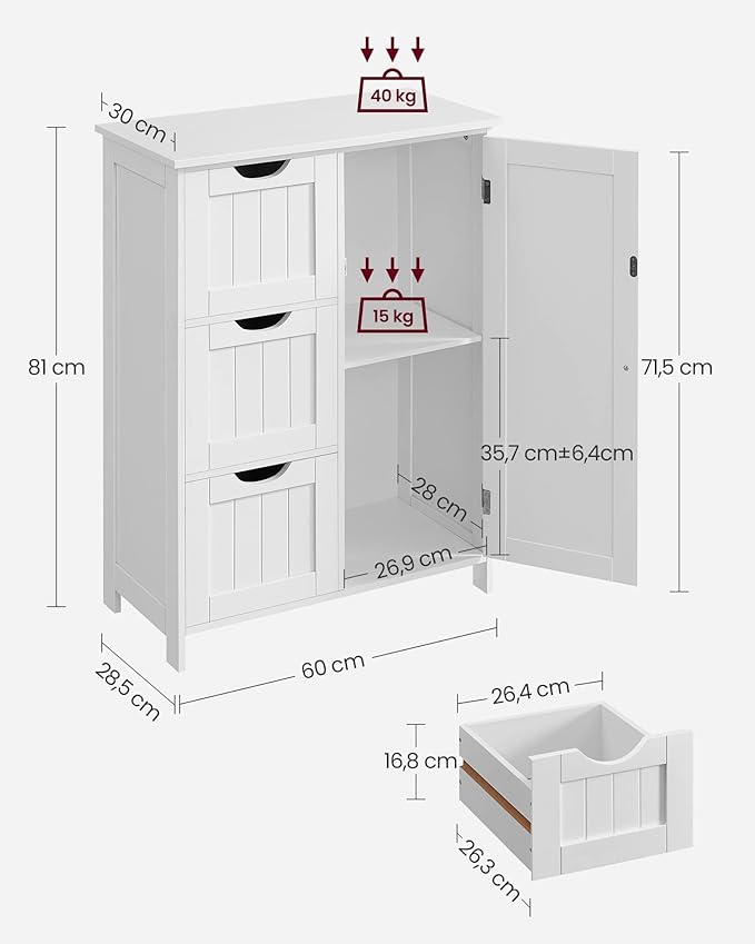Armario de Baño, Cómoda de Baño, Mueble de Baño Estrecho, con 3 Cajones, 1 Estante Ajustable, Armario con Puerta, 30 x 60 x 80 cm, Blanco