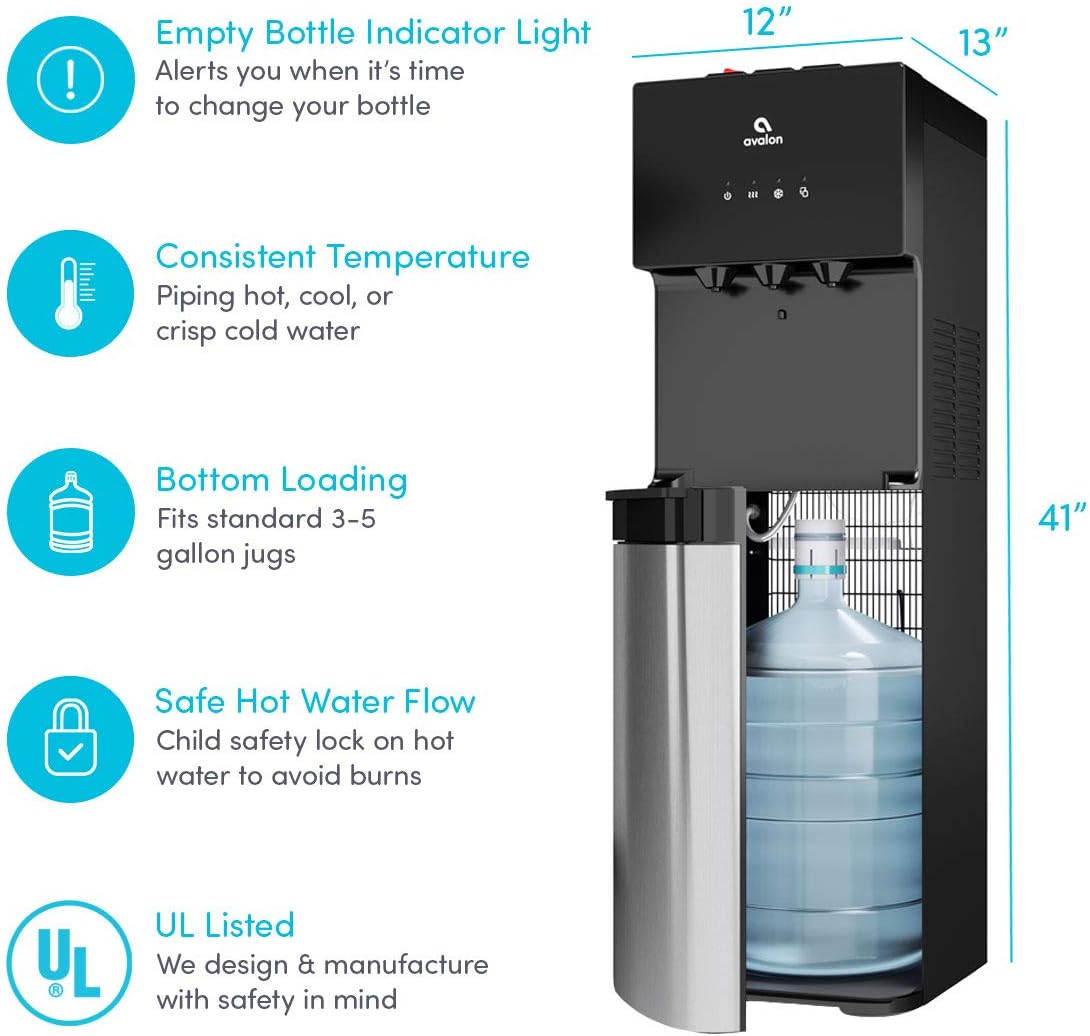 Avalon Dispensador de agua enfriador de agua con carga inferior con BioGuard, 3 ajustes de temperatura, agua caliente, fría y de habitación, construcción duradera de acero inoxidable, revestimiento antimicrobiano, certificado UL