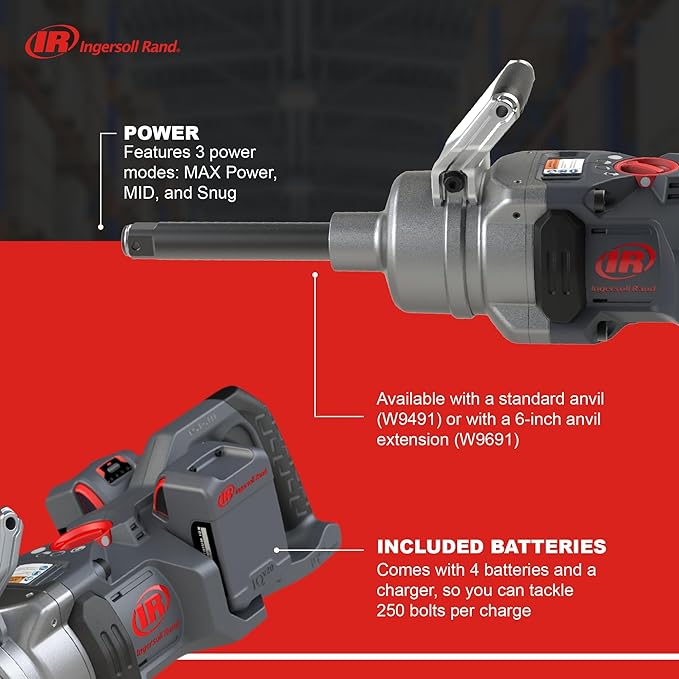 Ingersoll Rand W9691-K4E Kit de batería de 1" Llave de impacto inalámbrica de 20V 4, zanco ext de 6", torque de 3000 ft-lb, retenedor de orificio pasante de anillo de fricción, mango en D