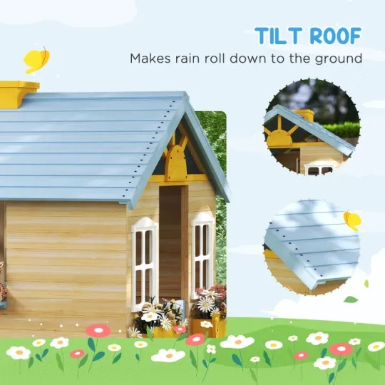 Outsunny Casa de Juegos de Madera para Niños Jardín Exterior con Puerta de Trabajo, Ventanas, Banco, Estación de Servicio, Macetero, Azul
