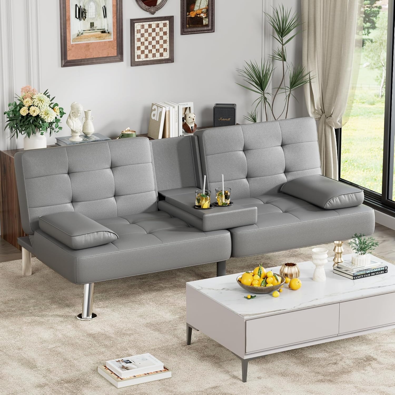 Homall - Sofá Cama de futón de Piel con reposabrazos extraíbles, sofá Cama reclinable Ajustable con Soportes de Doble Taza para Sala de Estar, Departamento, Oficina (Negro)