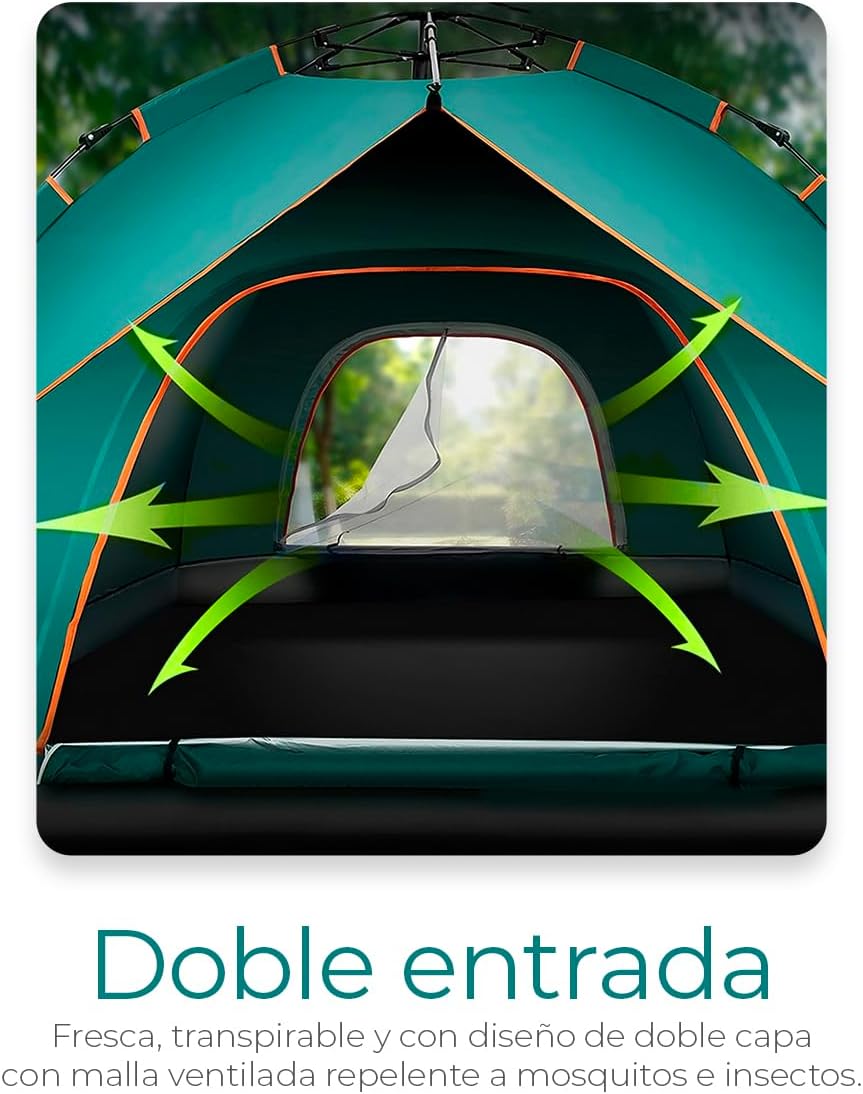 Raganet, Casa de Campaña para 3/4 Personas, Carpa Plegable de 2 Entradas, Tienda de Camping de 180cm X 140cm, Material Impermeable, Armado Sencillo, Bolsa de Almacenamiento