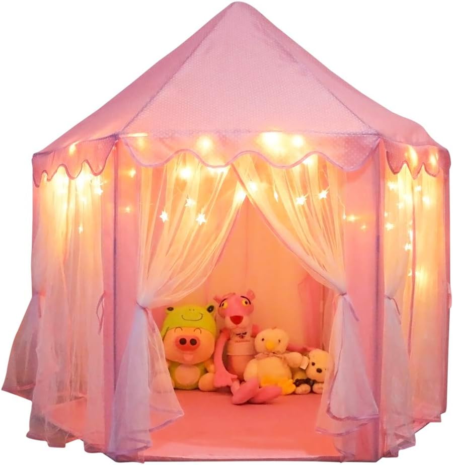 ORIAN Tienda de campaña Princess Castle para niñas con luces LED de estrella, para interiores y exteriores, tienda de campaña grande para juegos imaginativos - Certificado ASTM, tafetán de poliéster 230, rosa 55 x 53 pulgadas.