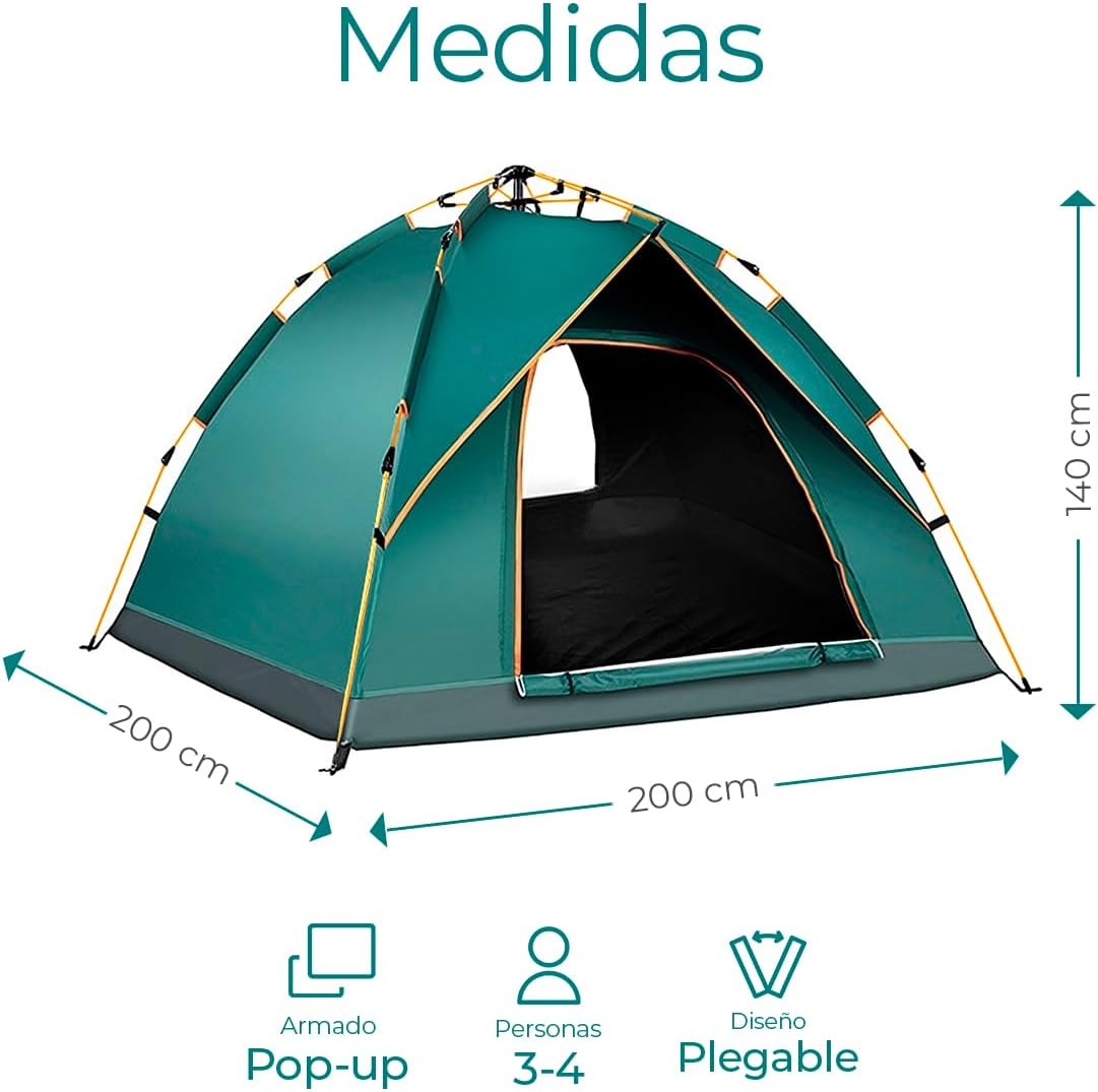 Raganet, Casa de Campaña para 3/4 Personas, Carpa Plegable de 2 Entradas, Tienda de Camping de 180cm X 140cm, Material Impermeable, Armado Sencillo, Bolsa de Almacenamiento