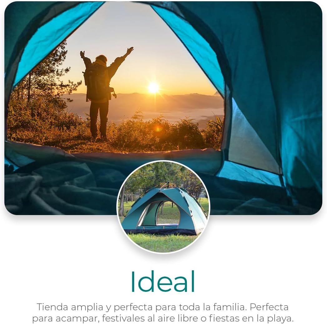 Raganet, Casa de Campaña para 3/4 Personas, Carpa Plegable de 2 Entradas, Tienda de Camping de 180cm X 140cm, Material Impermeable, Armado Sencillo, Bolsa de Almacenamiento