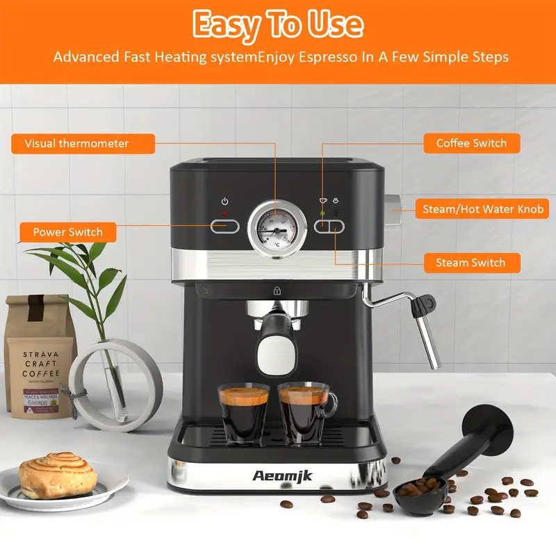 Máquina de espresso de calentamiento rápido, con varita para espumar leche - Perfecta para baristas en casa y RVs - Presión de 20 bares para un café rico y sabroso