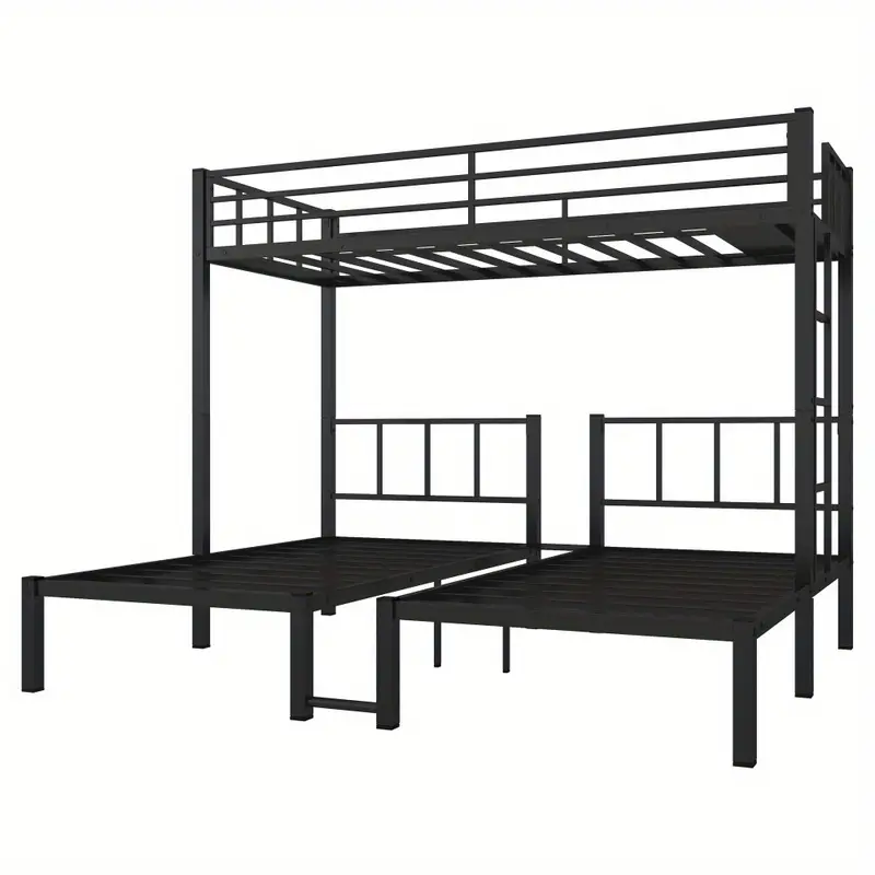 Cama nido doble sobre doble y litera doble para 3, litera doble XL sobre doble y litera doble de metal, negro