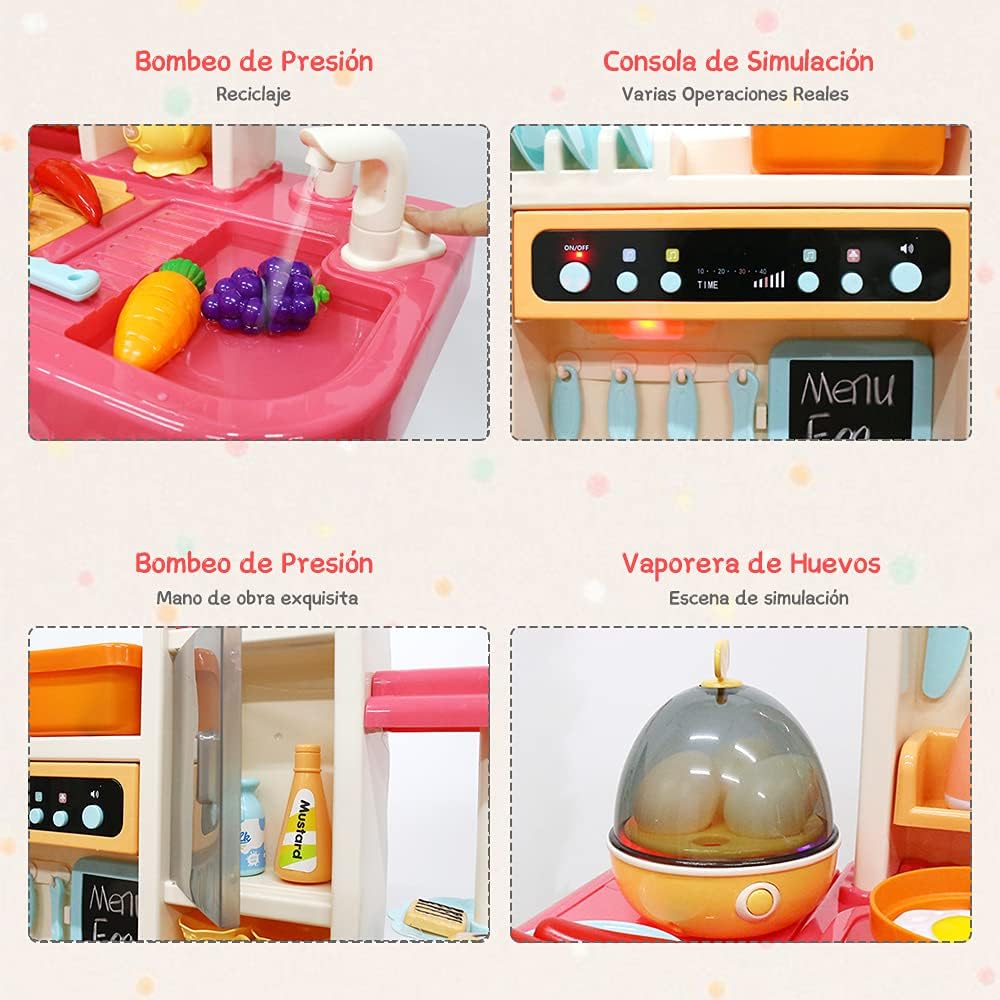 E T EASYTAO Cocina de Juguete para Niños de 65 Piezas con Humo, Luz, Sonido y Grifo para Salir Agua, Juguete Infantil Divertido, Juego de Roles, Regalo para Día del Niño （Altura: 93cm)