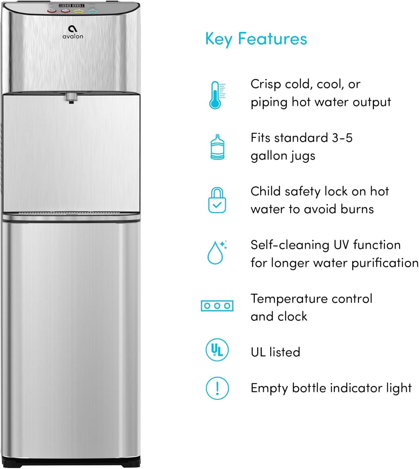 Avalon Dispensador de agua enfriador de agua con carga inferior con BioGuard, 3 ajustes de temperatura, agua caliente, fría y de habitación, construcción duradera de acero inoxidable, revestimiento antimicrobiano, certificado UL