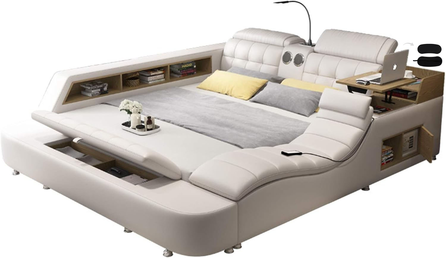 Cama tatami de masaje multifuncional del dormitorio principal moderno Cama doble 1.8 con cama de masaje inteligente, espacio de almacenamiento múltiple incorporado, almacenamiento conveniente—Antifaz para aliviar el sueño