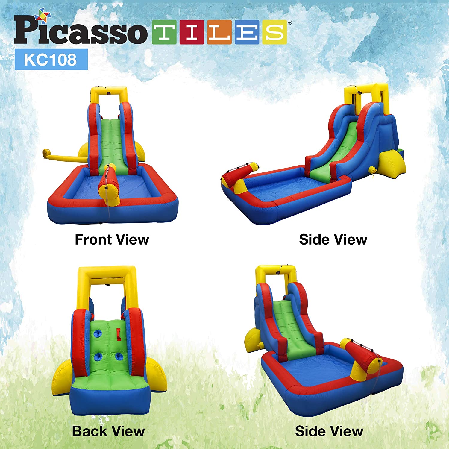 PicassoTiles KC108 - Casa inflable con area de piscina (zona de salpicadura), pared de escalada, soportes de rociadores de cabezal de ducha, montaje de canon de agua y soplador de 385 W certificado GFCI ETL-taza de agua