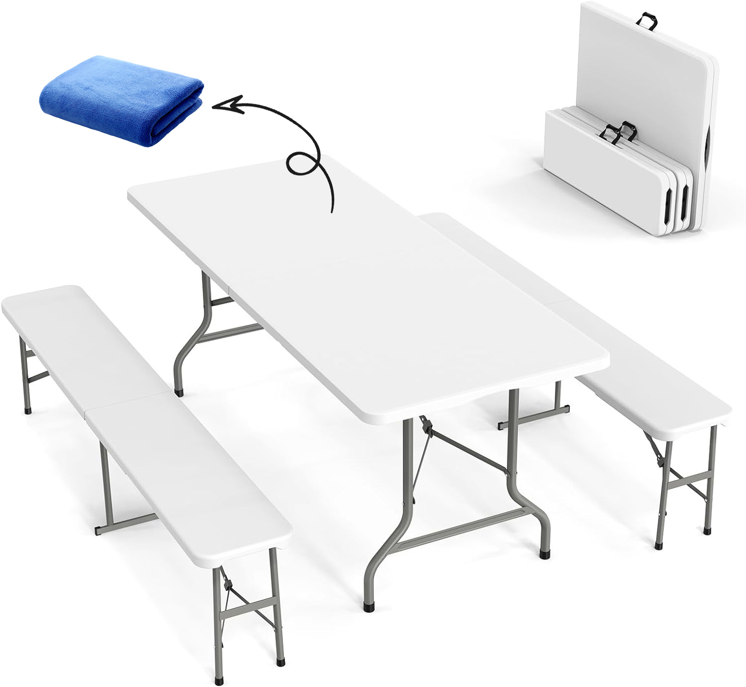 Juego de mesa de picnic con 2 bancos, juego de sillas de mesa de camping de 6 pies, muebles plegables de 3 piezas para uso interior o exterior