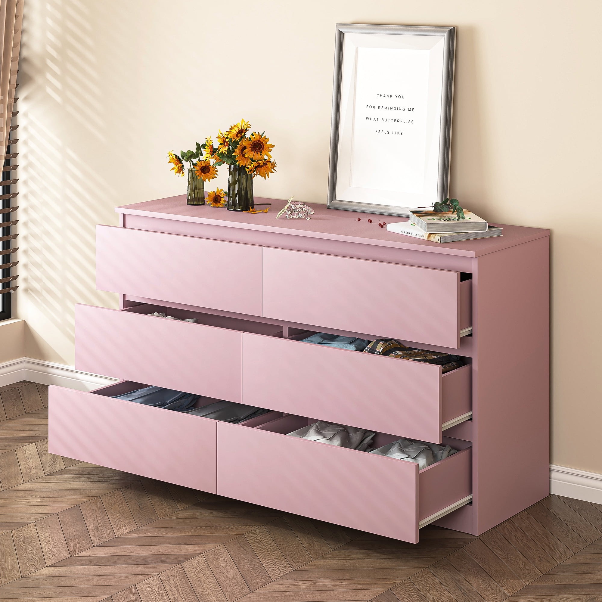 Cómoda 6 Cajón Nordica 120x69x45 cm Blanco/Rosa