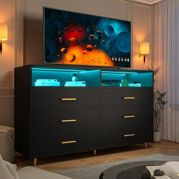 Zocalo Cómoda de 6 Cajones con Luz LED, Diseño Moderno para Dormitorio
