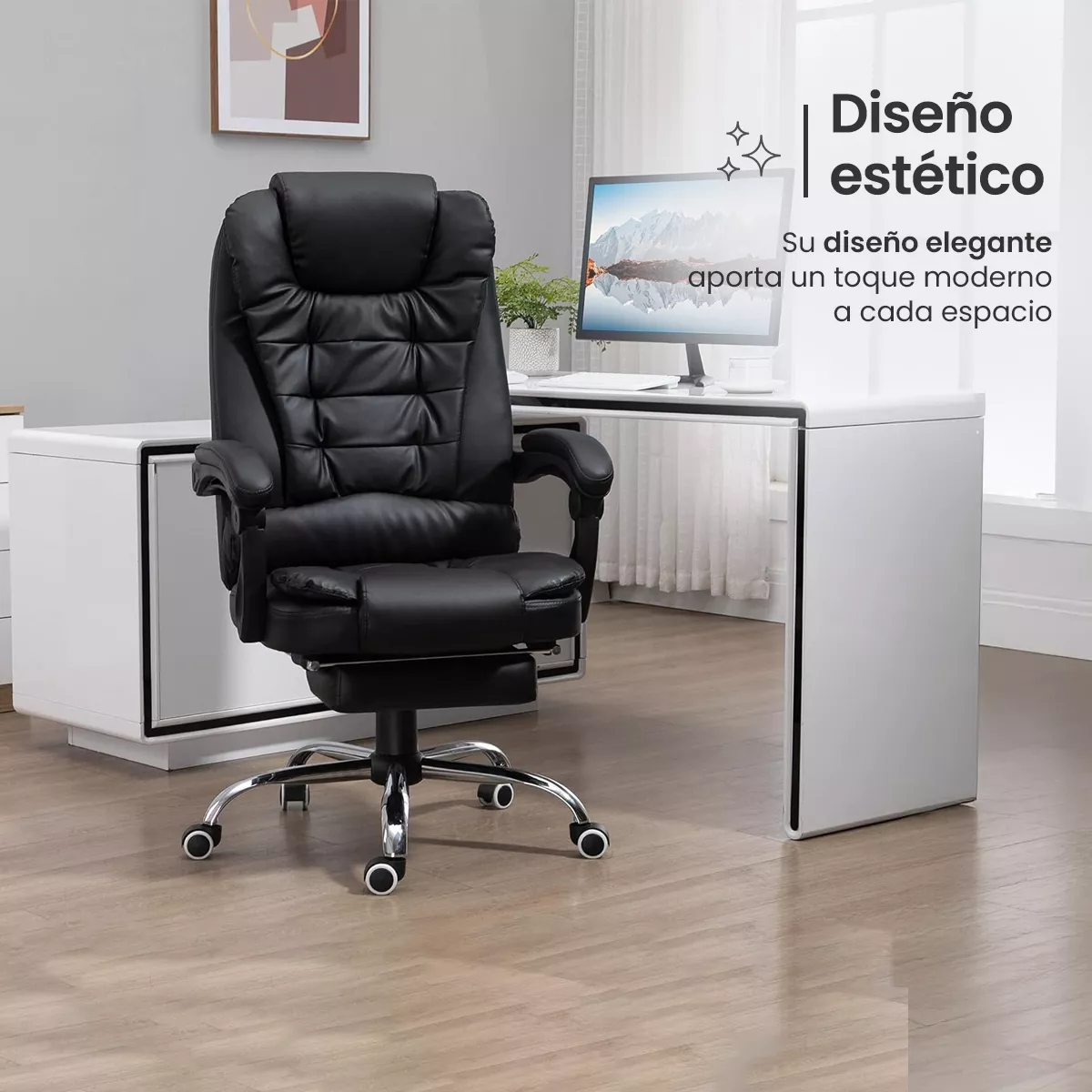 Silla de Escritorio Player One 1507 Ergonómica Negra con Tapizado de Cuero Sintético
