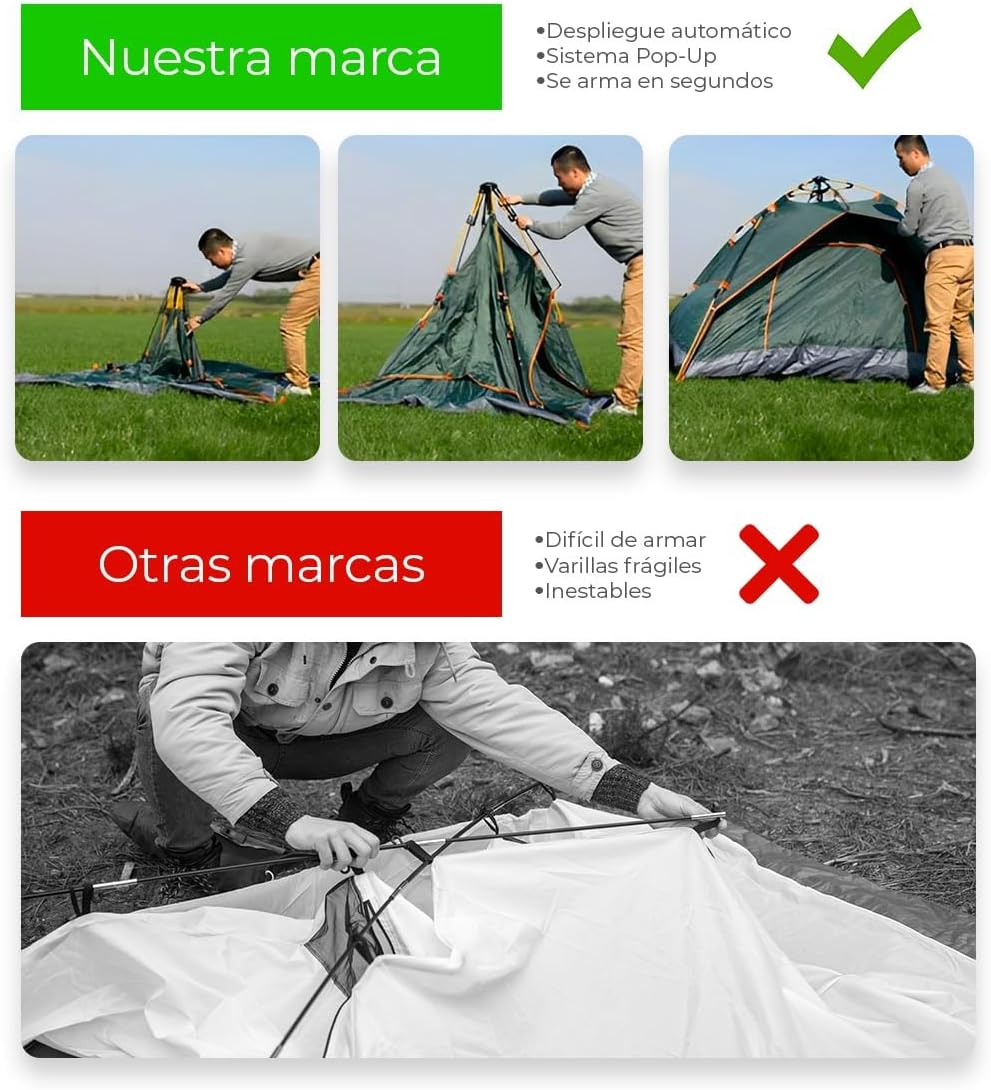 Raganet, Casa de Campaña para 3/4 Personas, Carpa Plegable de 2 Entradas, Tienda de Camping de 180cm X 140cm, Material Impermeable, Armado Sencillo, Bolsa de Almacenamiento