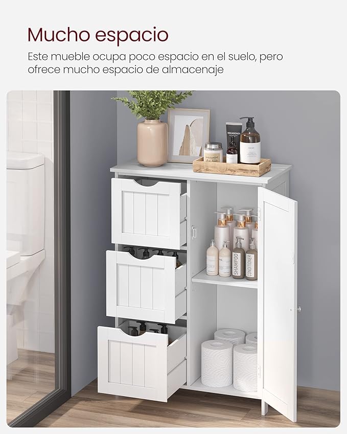 Armario de Baño, Cómoda de Baño, Mueble de Baño Estrecho, con 3 Cajones, 1 Estante Ajustable, Armario con Puerta, 30 x 60 x 80 cm, Blanco