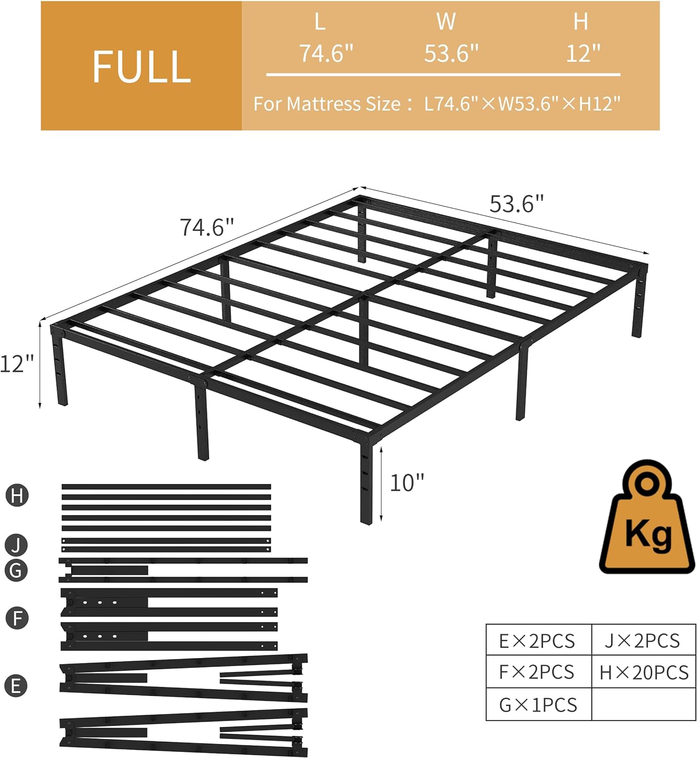 New Jeto Marco de cama de metal con espacio de almacenamiento debajo de la cama, plataforma sencilla y atmosférica, resistente y duradero, de 46 cm, tamaño individual