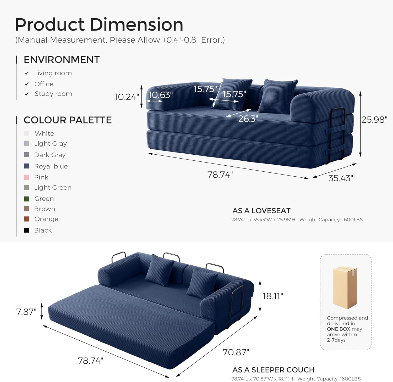 Sofá cama convertible de 79 pulgadas con marco de forma fija y reposabrazos extraíbles, sofá modular de pana, sofá plegable para espacios pequeños, no necesita montaje en verde (incluye 2 almohadas)