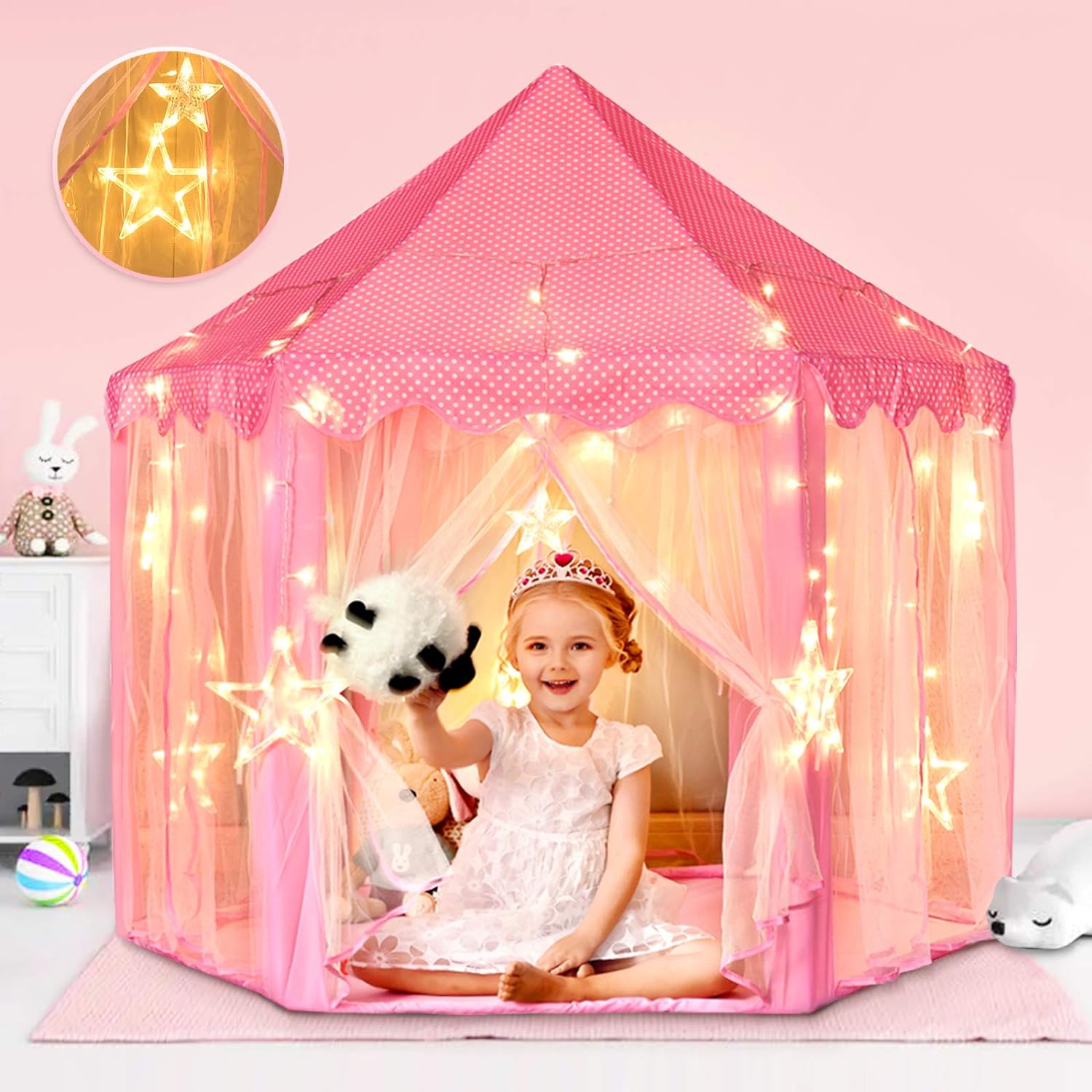 wilwolfer tienda de campaña tipo castillo de princesa para niñas, tienda de campaña hexagonal grande para jugar, casa de juegos con luces de estrella, para juegos en interiores y exteriores