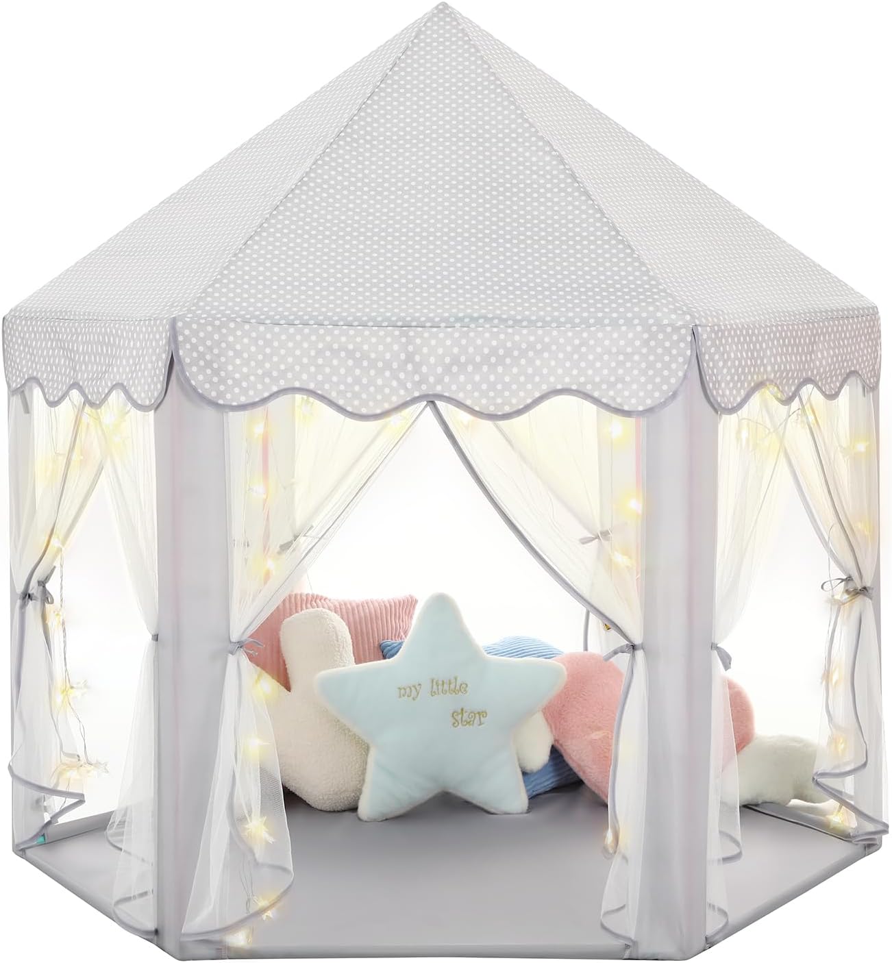Sumbababy Tienda de campaña de castillo de princesa para niñas, tiendas de campaña de juegos de hadas para niños, casa de juegos hexagonal azul con luces de estrellas de hadas, juguetes para niños