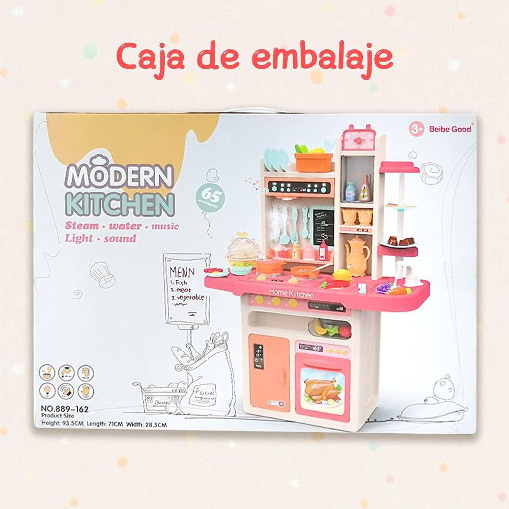 E T EASYTAO Cocina de Juguete para Niños de 65 Piezas con Humo, Luz, Sonido y Grifo para Salir Agua, Juguete Infantil Divertido, Juego de Roles, Regalo para Día del Niño （Altura: 93cm)