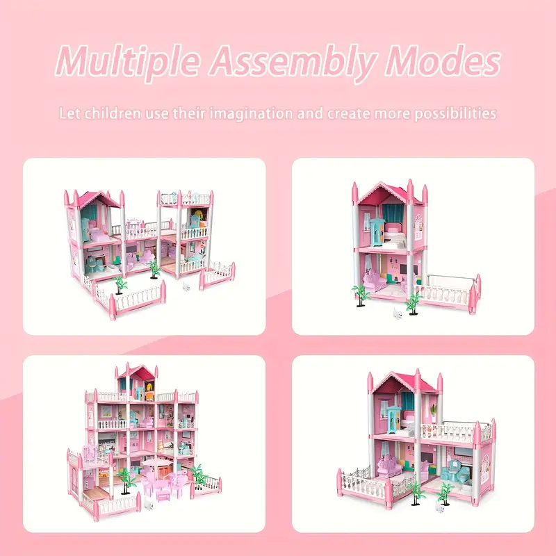 Conjunto de Casa de Muñecas Deluxe de 4 Niveles con 11 Habitaciones, Muebles y Luces - Juego de Fantasía de Princesa para Niños de 6+ | Rosa Brillante, Plástico Duradero | Idea de Regalo Perfecta
