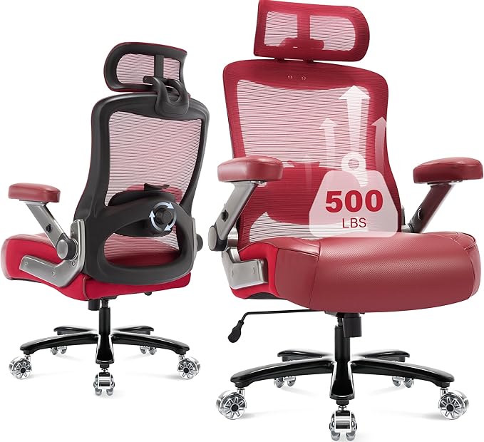 500lbs Big and Tall Office Chair- Heavy Duty Executive Computer Chair with 3D Flip Arms Large Wheels, Ergonomic Mesh High Back Desk Chair, Extra Wide Seat Adjustable Lumbar Support&Headrest