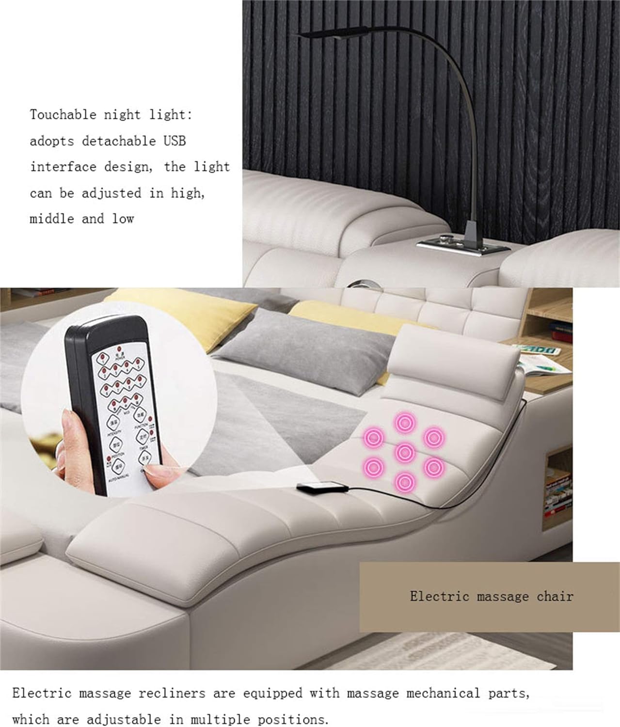 Cama tatami de masaje multifuncional del dormitorio principal moderno Cama doble 1.8 con cama de masaje inteligente, espacio de almacenamiento múltiple incorporado, almacenamiento conveniente—Antifaz para aliviar el sueño