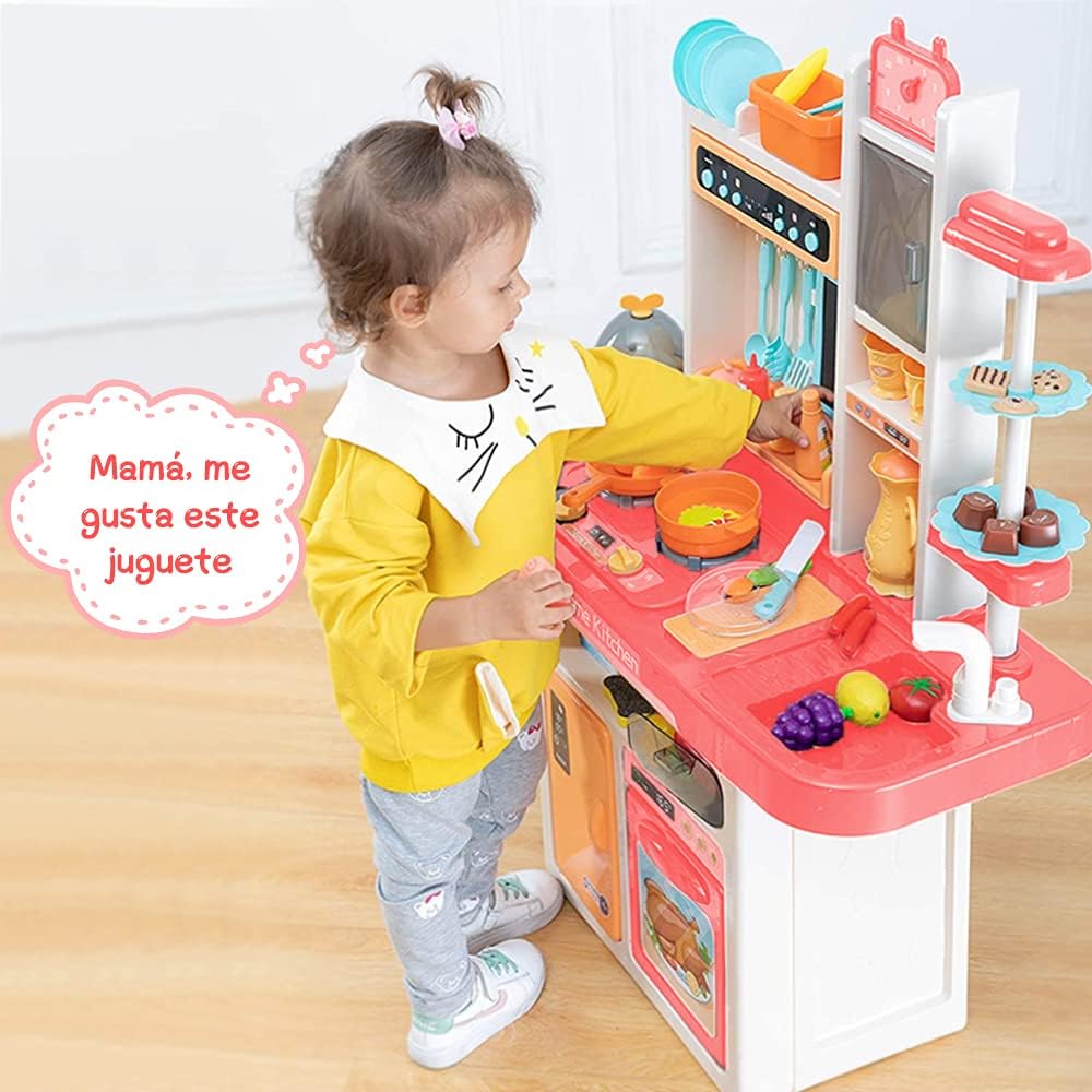 E T EASYTAO Cocina de Juguete para Niños de 65 Piezas con Humo, Luz, Sonido y Grifo para Salir Agua, Juguete Infantil Divertido, Juego de Roles, Regalo para Día del Niño （Altura: 93cm)