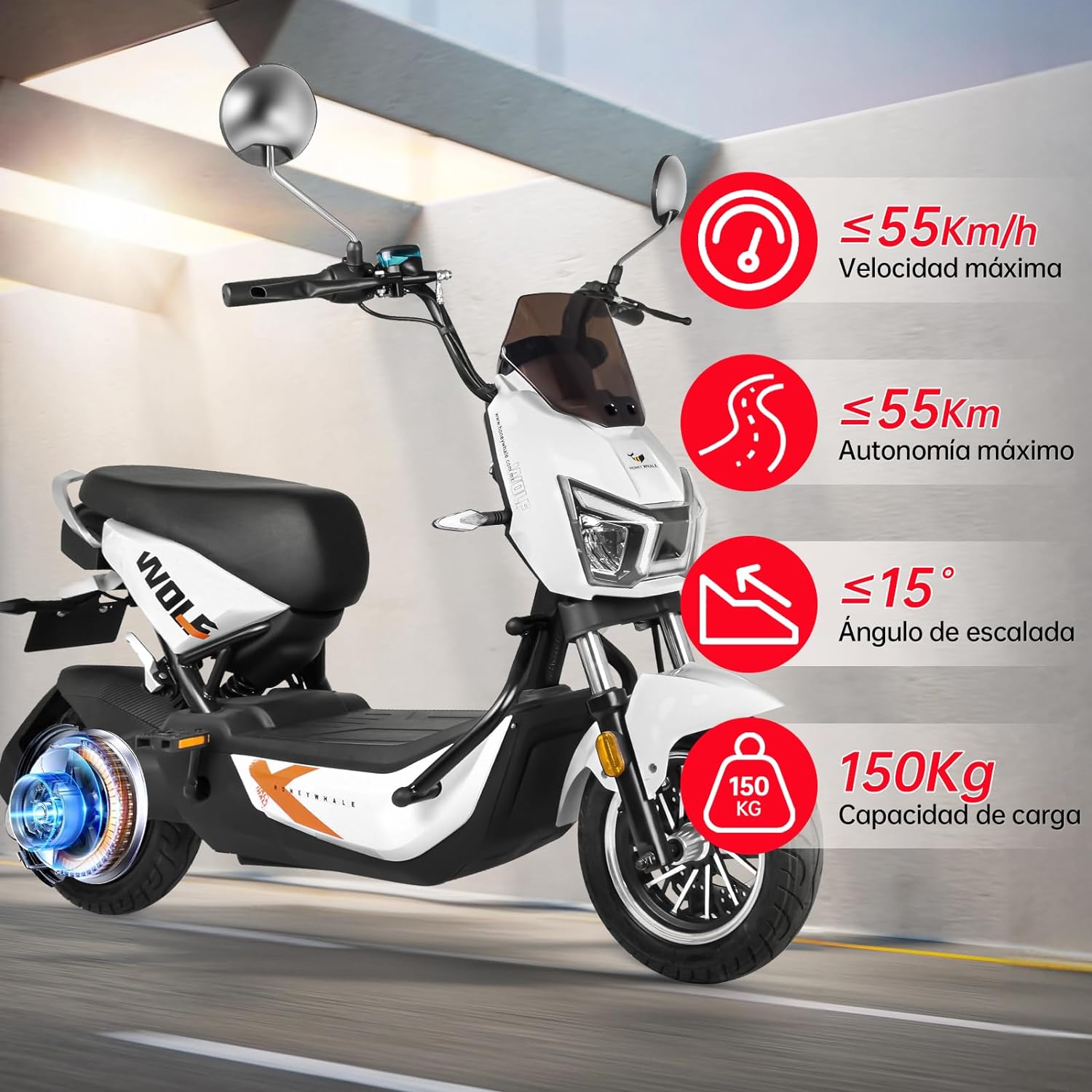 Wolf Bicicleta Electrica para Adultos, Bicimoto Eléctrica con Alarma, Máxima del Motor 1200W, Velocidad Máxima 55KM/H, Autonomía 50-55KM, Batería (72V, 20AH), Emite 7 Colores de luz