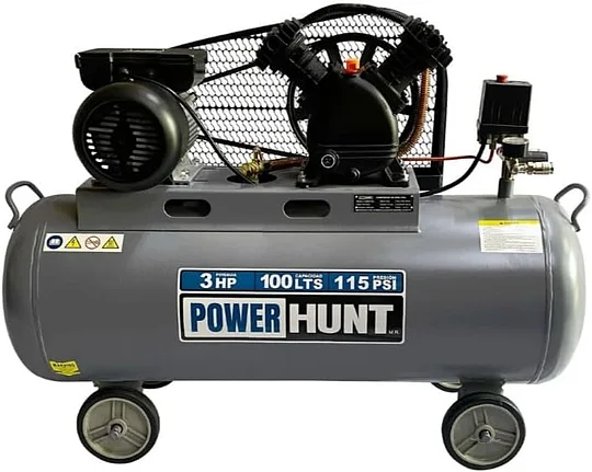 Compresor De Aire Eléctrico Portátil 100lts Power Hunt 3hp con banda y doble conexión rapida, presion de 8 bar/ 115 psi