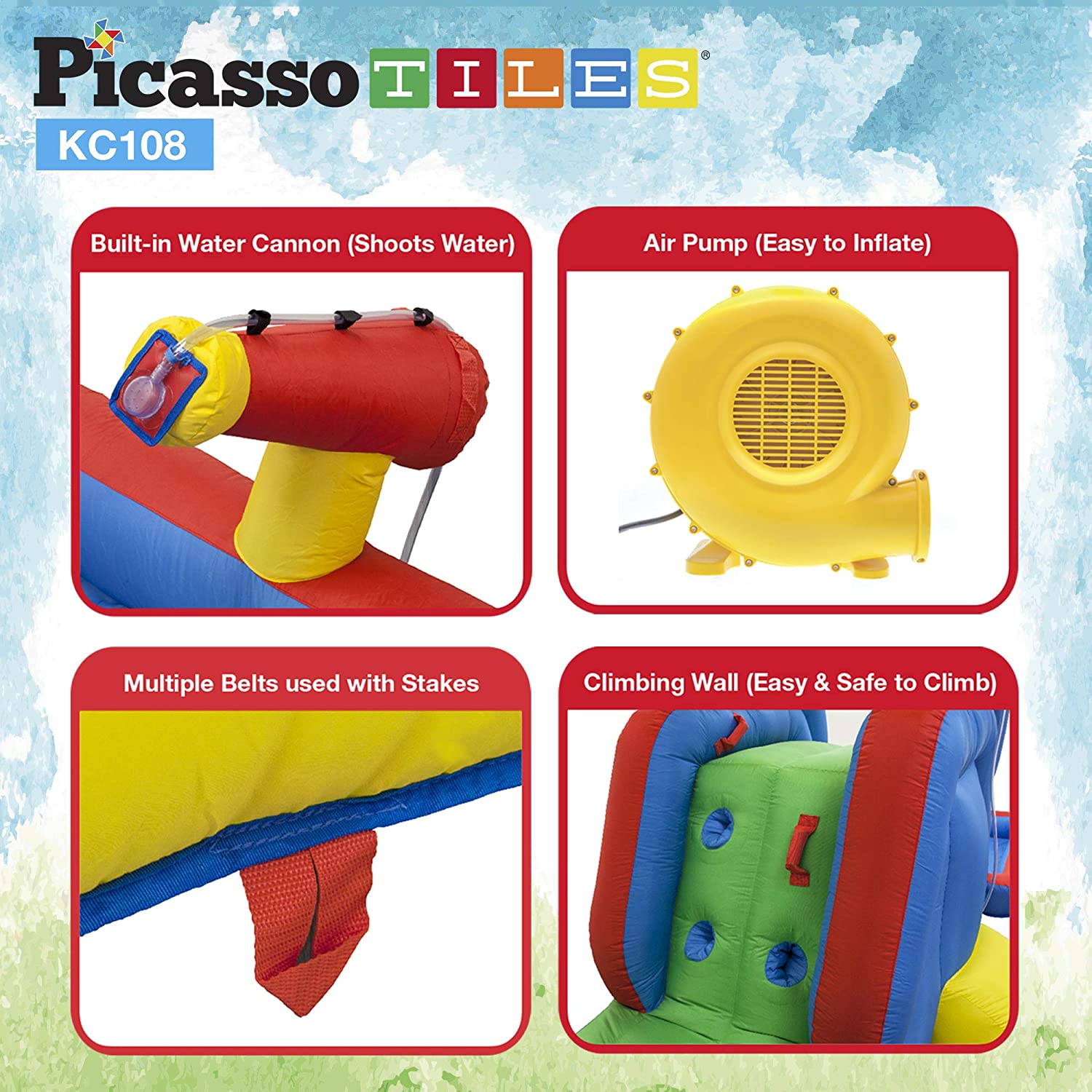 PicassoTiles KC108 - Casa inflable con area de piscina (zona de salpicadura), pared de escalada, soportes de rociadores de cabezal de ducha, montaje de canon de agua y soplador de 385 W certificado GFCI ETL-taza de agua