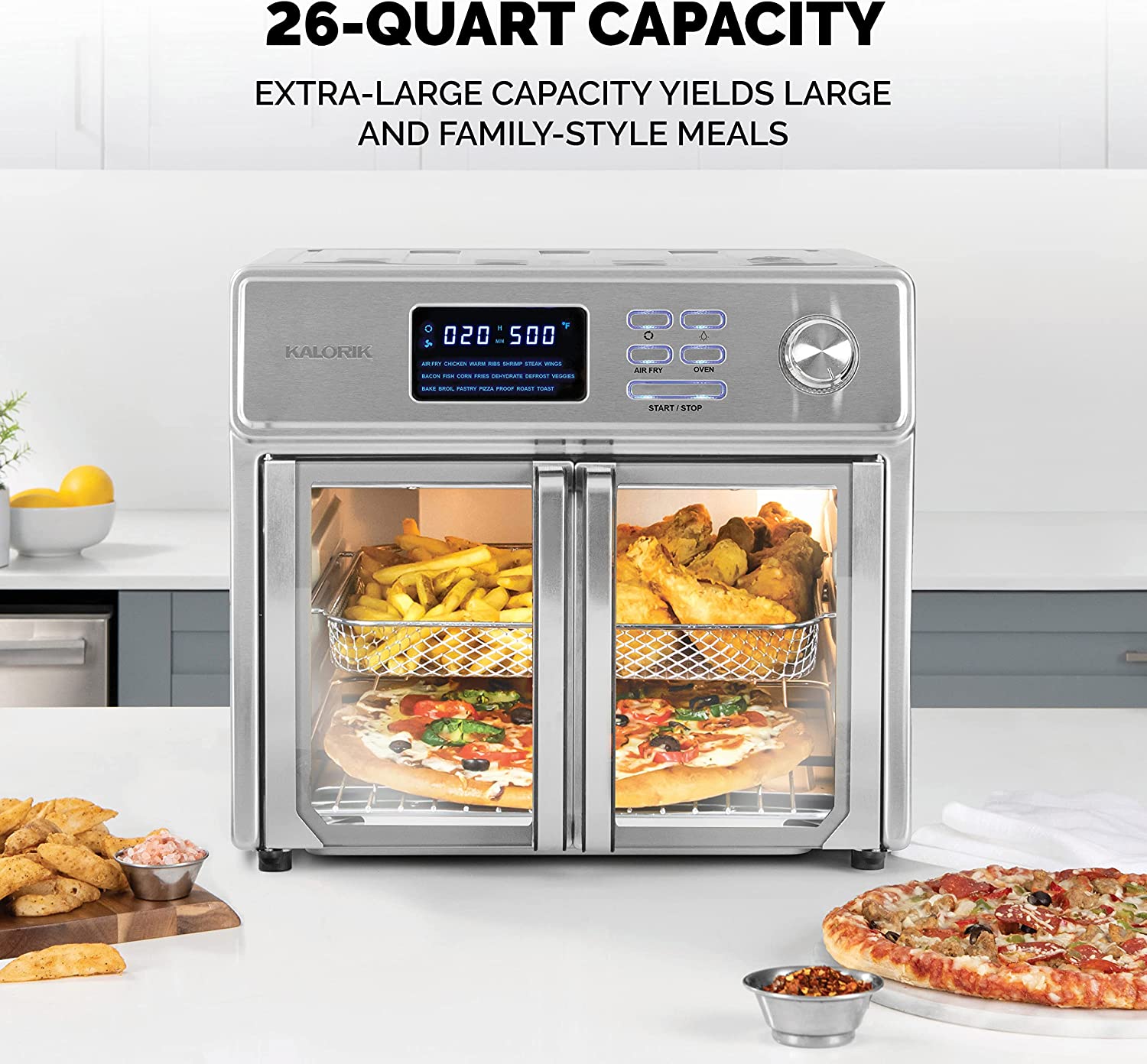 Horno freidora de aire digital AFO 46045 SS Combinación de horno tostador de encimera 10 en 1 de 26 cuartos y freidora de aire, asador, asador, deshidratador y más | 9 Accesorios y libro de cocina