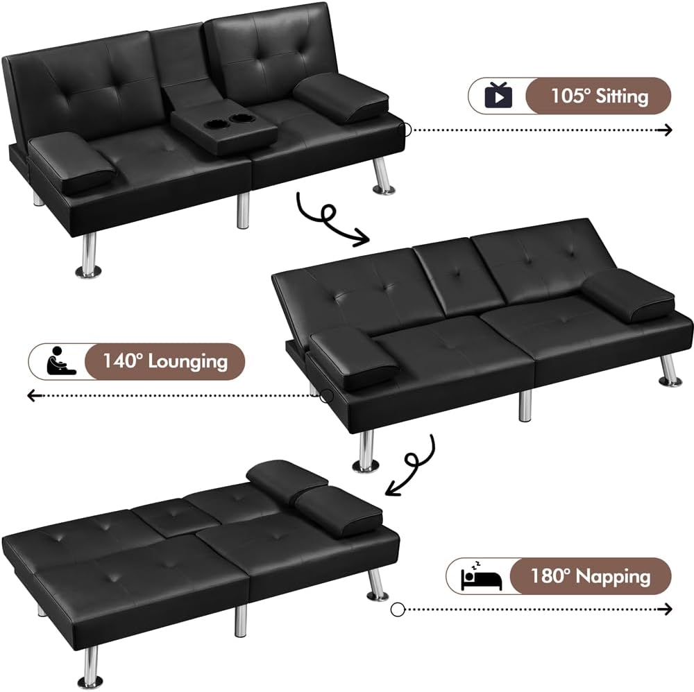 Yaheetech - Sofá Cama Convertible Ajustable, Moderno sillón reclinable de Piel sintético para el hogar, sofá Cama Plegable, Cama de Invitados, reposabrazos extraíbles, portavasos 3 ángulos, Capacidad