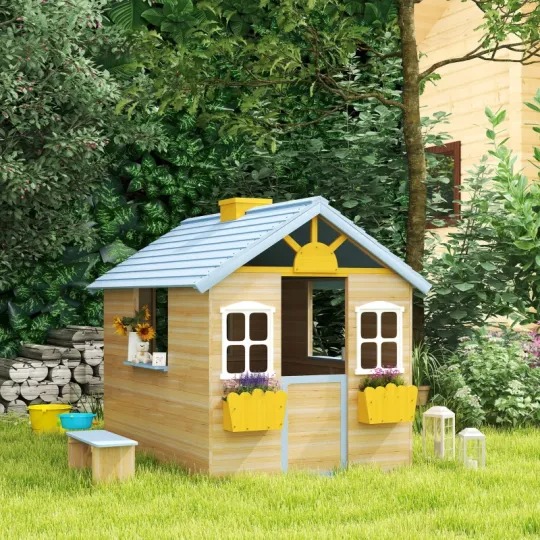 Outsunny Casa de Juegos de Madera para Niños Jardín Exterior con Puerta de Trabajo, Ventanas, Banco, Estación de Servicio, Macetero, Azul