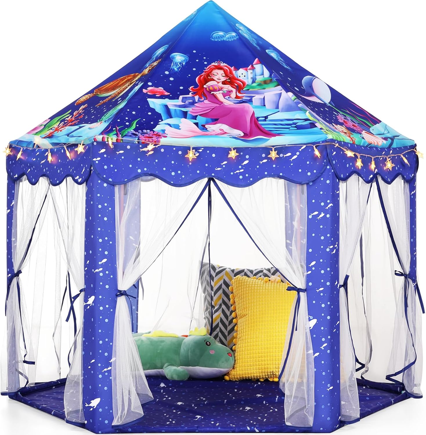 Monobeach Tienda de campaña de princesa para niñas, casa de juegos grande, castillo para niños, tienda de campaña con luces de estrella, juguete para interiores y exteriores, 55 x 53 pulgadas (profundidad x alto)