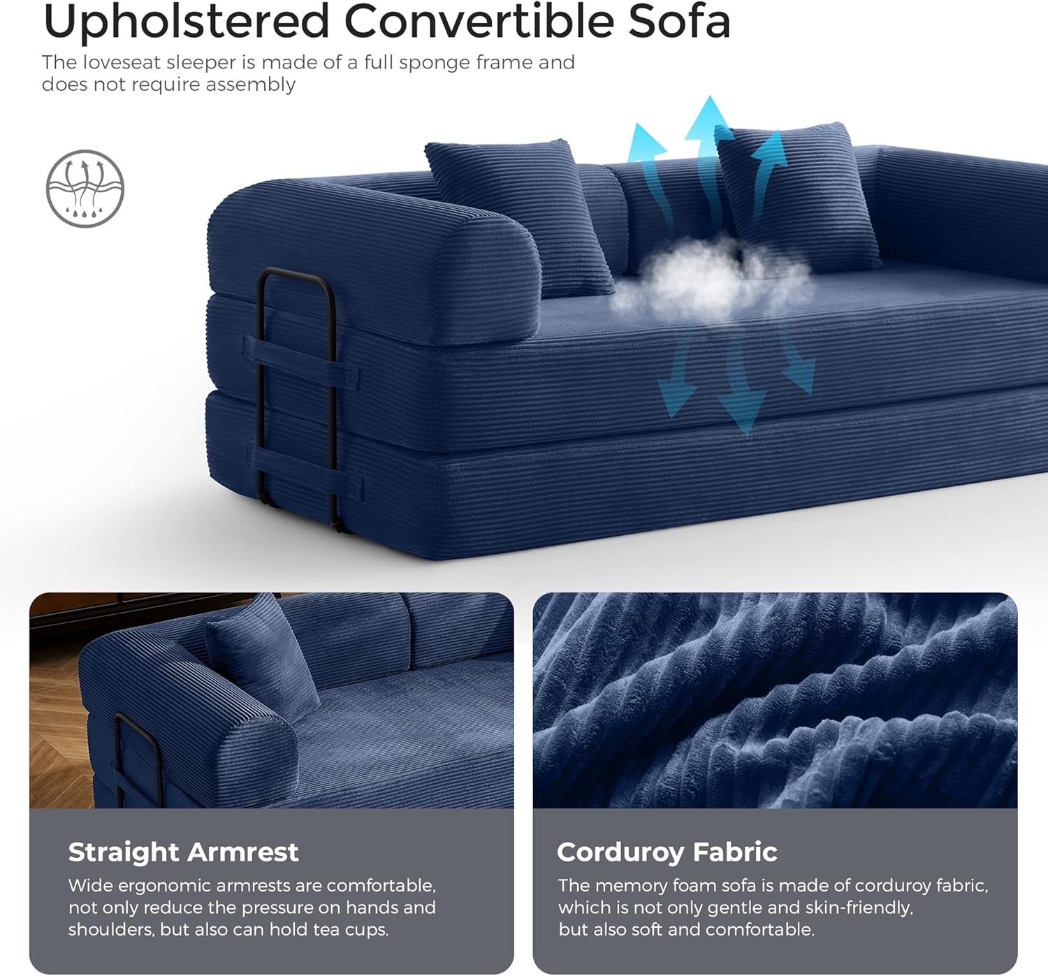 Sofá cama convertible de 79 pulgadas con marco de forma fija y reposabrazos extraíbles, sofá modular de pana, sofá plegable para espacios pequeños, no necesita montaje en verde (incluye 2 almohadas)