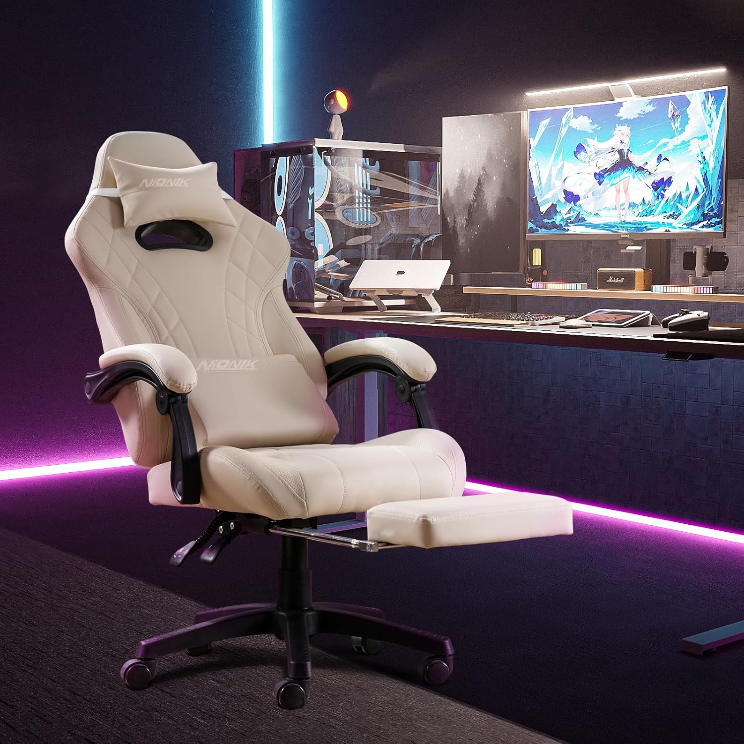 【Compra uno y llévate otro gratis】Silla para juegos con reposapiés y soporte lumbar de masaje