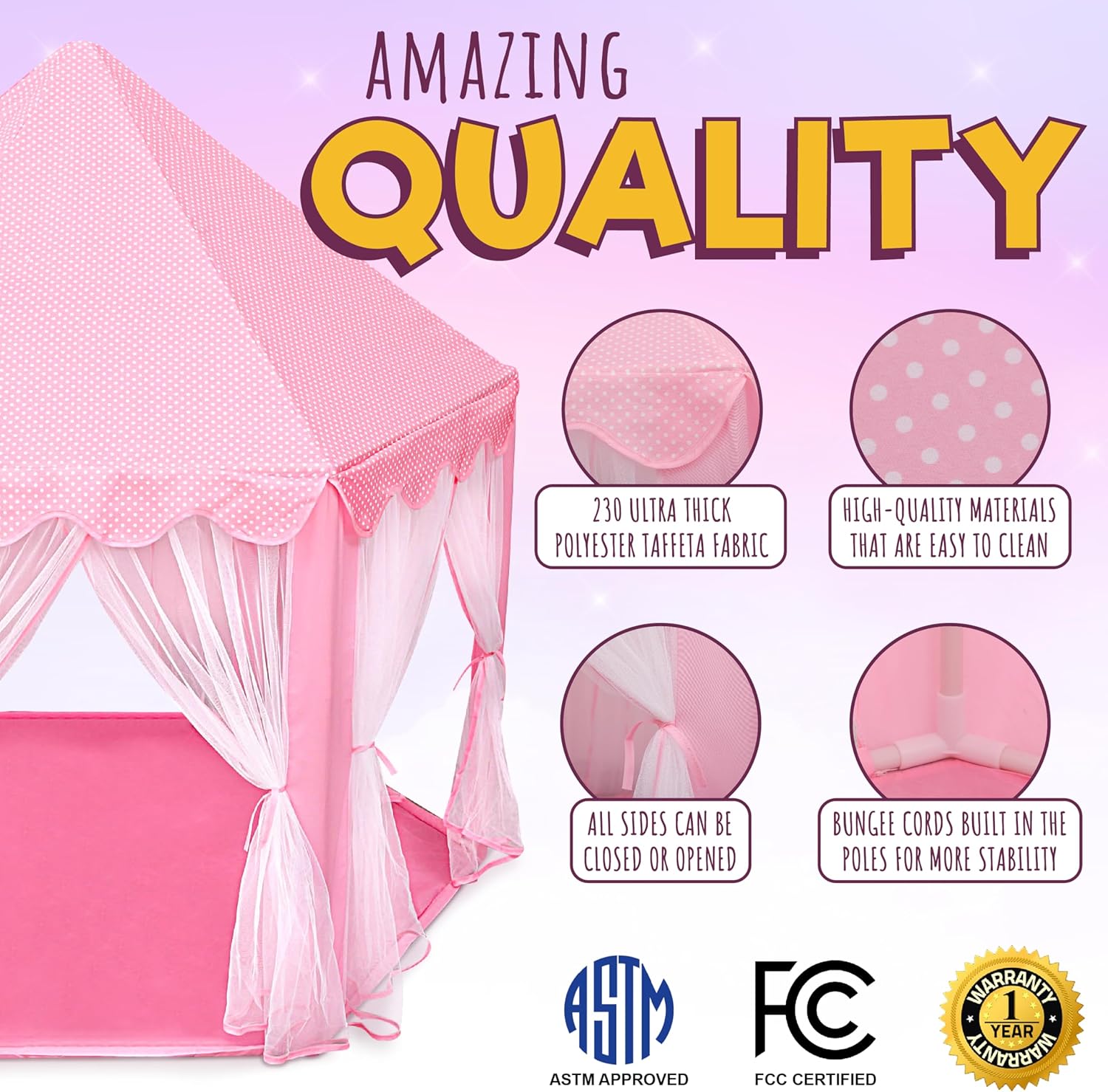 ORIAN Tienda de campaña Princess Castle para niñas con luces LED de estrella, para interiores y exteriores, tienda de campaña grande para juegos imaginativos - Certificado ASTM, tafetán de poliéster 230, rosa 55 x 53 pulgadas.