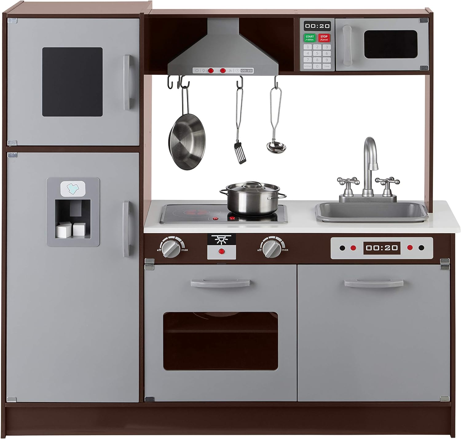 Juego de cocina esquinera de madera para niños con puertas interactivas, perillas y luces, 39 x 28 x 35 pulgadas, color blanco/gris