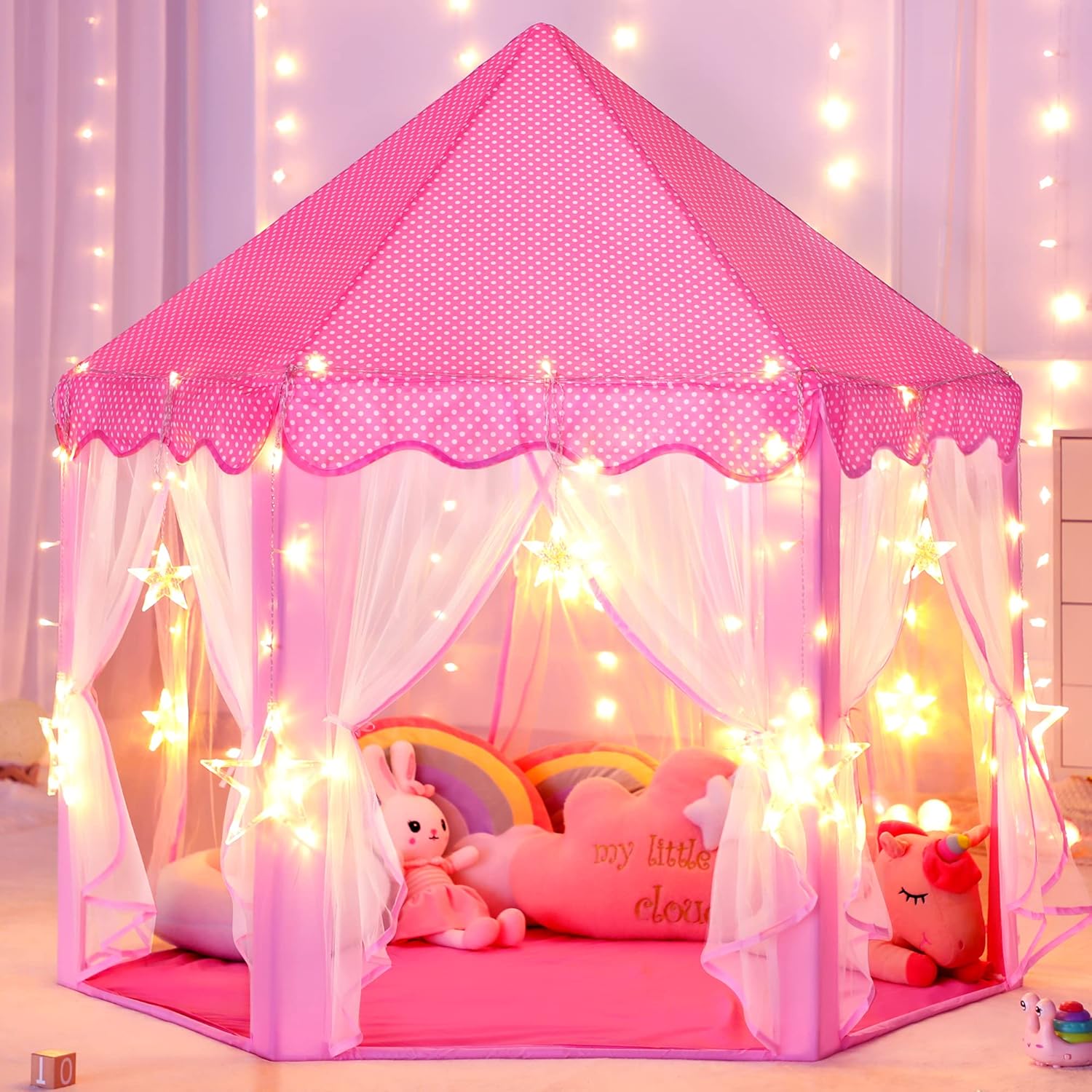Sumbababy Tienda de campaña de castillo de princesa para niñas, tiendas de campaña de juegos de hadas para niños, casa de juegos hexagonal azul con luces de estrellas de hadas, juguetes para niños