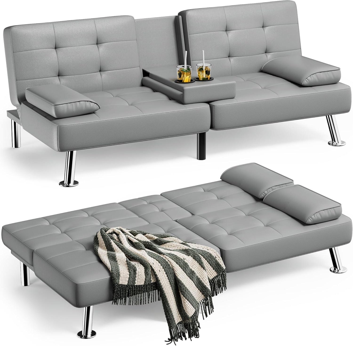 Homall - Sofá Cama de futón de Piel con reposabrazos extraíbles, sofá Cama reclinable Ajustable con Soportes de Doble Taza para Sala de Estar, Departamento, Oficina (Negro)