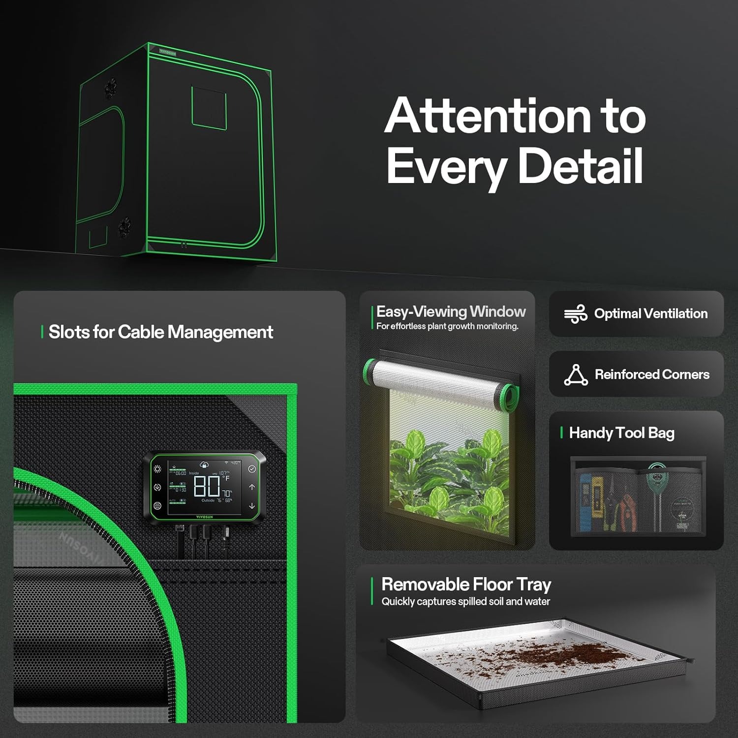 VIVOSUN S558 - Tienda de campaña de cultivo de 5 x 5, 60 x 60 x 80 pulgadas de alto, Mylar reflectante con ventana de observación y bandeja de piso para plantas hidropónicas de interior para VSF6450